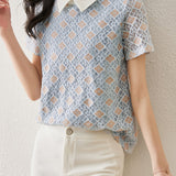 Kemeja sipis lengan pendek lace dua warna dengan lining
