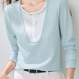 Elegant Commuter Beaded U‑Neck Spliced Long‑Sleeve T‑Shirt