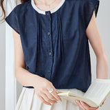 Delicate Lace Collar Pleated Short Sleeve Blouse