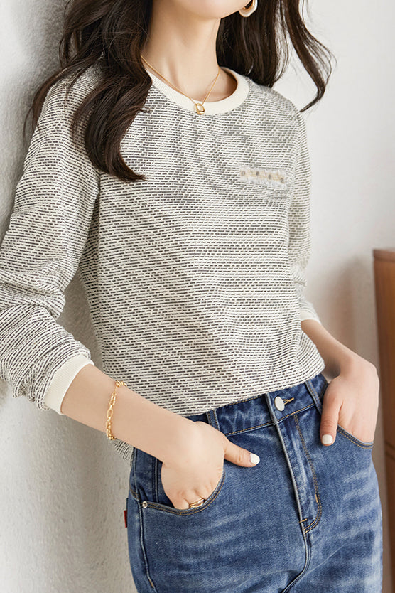シャネル風ラウンドネックポケット装飾ニットトップス - liwisi