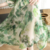 Art Flower Print Gathered Puff Dress with Lining