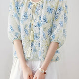 Casual Fresh Tie Waist Floral Printed Blouse