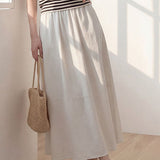 Casual Linen Elastic Waist Straight Midi Skirt