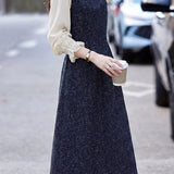 Exquisite Elegant Fake Two-Piece Crew Neck Lace Trim Long-Sleeve Dress