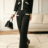 Elegant Contrast Color Patchwork Knit Top & Wide-Leg Pants Two-Piece Set - liwisi