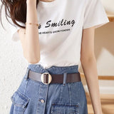 Two-Piece Set: Round Neck Logo Print Short Sleeve T-Shirt + Flap Pocket Flare Denim Skirt