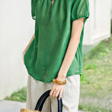 French Elegant Crew Neck Puffed Short-Sleeve Blouse