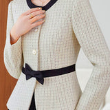 Elegant Commuter Crew Neck Bow Long‑Sleeve Coat