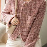 Chanel-Inspired Round Neck Fringe Tweed Jacket with Lining