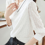 Vネックテープ装飾レース切替Tシャツ - liwisi