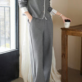Two-Piece Set: Layered Look Skipper Collar Long Sleeve Top + Training Style Long Wide Pants