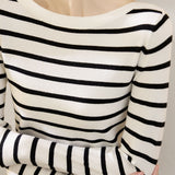 Unique Black and White Striped Long-Sleeve Knit Top - liwisi