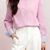 French Casual Lapel Long Sleeve Blouse With Striped Spliced Cuffs