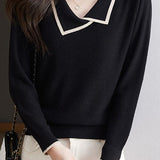 Contrast color hollow - out knitted sweater
