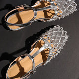 Retro Hollow Mesh Woven T-Strap Sandals - liwisi