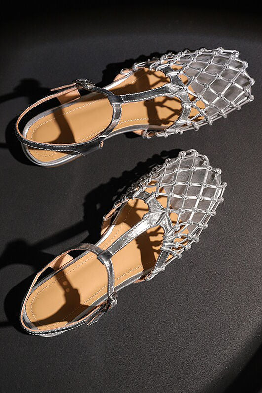 Retro Hollow Mesh Woven T-Strap Sandals - liwisi