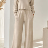 Casual Elegant Two-Piece Set: Half-Zip Long Sleeve Knit Top & Wide-Leg Pants