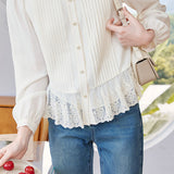 Exquisite Elegant Stand‑Collar Pleated Lace‑Spliced Long‑Sleeve Shirt