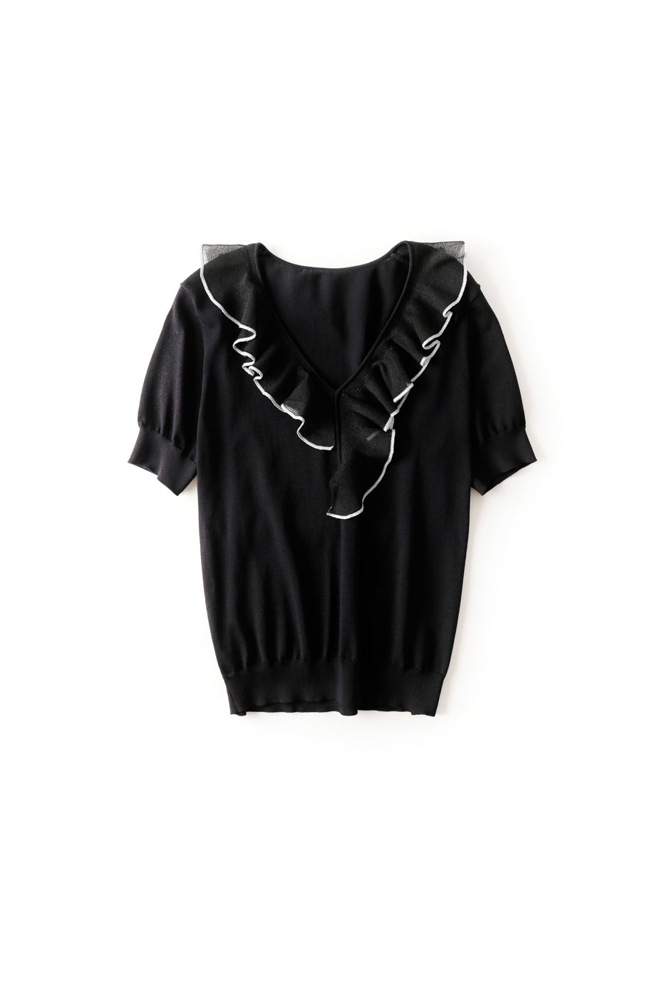 Vネックバイカラーラッフル装飾ニットトップス　2色入 - liwisi