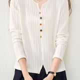 Elegant Commuter V‑Neck Textured Knit Long‑Sleeve T‑Shirt