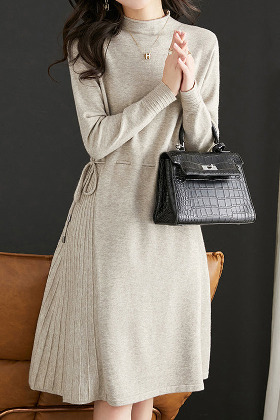 Off Neck Drawstring Flare Knit Dress - 3 Colors Available - liwisi