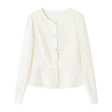 Round Neck Openwork Long Sleeve Cardigan with Lining - 2 Colors Available