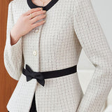 Elegant Commuter Crew Neck Bow Long‑Sleeve Coat