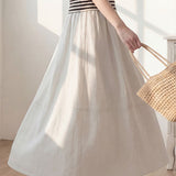 Casual Linen Elastic Waist Straight Midi Skirt