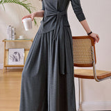 Casual Commuter Crew Neck Twisted Tie Long‑Sleeve Top Wide‑Leg Pants Set