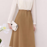Elegant Crew Neck Vertical Pleat Long‑Sleeve Spliced Dress