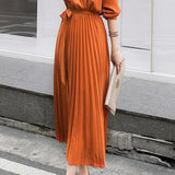 Puff Sleeve Waist Marked Pleated Dress - Long Sleeve, Elegant, Slimming, Fit, Work - 4 Colors Available - liwisi