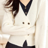Faux Two-Piece Double Button Bi-Color V-Neck Knit