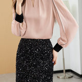 Front Cut-Out Long Sleeve Satin Blouse - 2 Colors Available