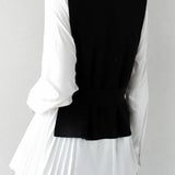 Stylish Knit Vest & White Shirt Layered Two-Piece Set