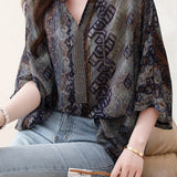 Skipper Collar Rhinestone Decor Printed Tunic