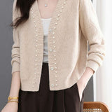 Exquisite Elegant V-Neck Rhombus Texture Beaded Knit Cardigan
