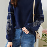 Mixed Material Pullover with Logo Embroidered Decor Sweatshirt