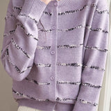 Elegant French Crew Neck Striped Long-Sleeve Knit Cardigan