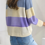 Color-Blocked Loose Striped Hollow-Out Long-Sleeve Knit Top
