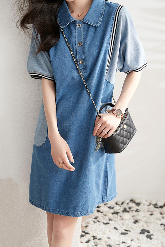 シャツカラー異色切替デニムシフトワンピース - liwisi