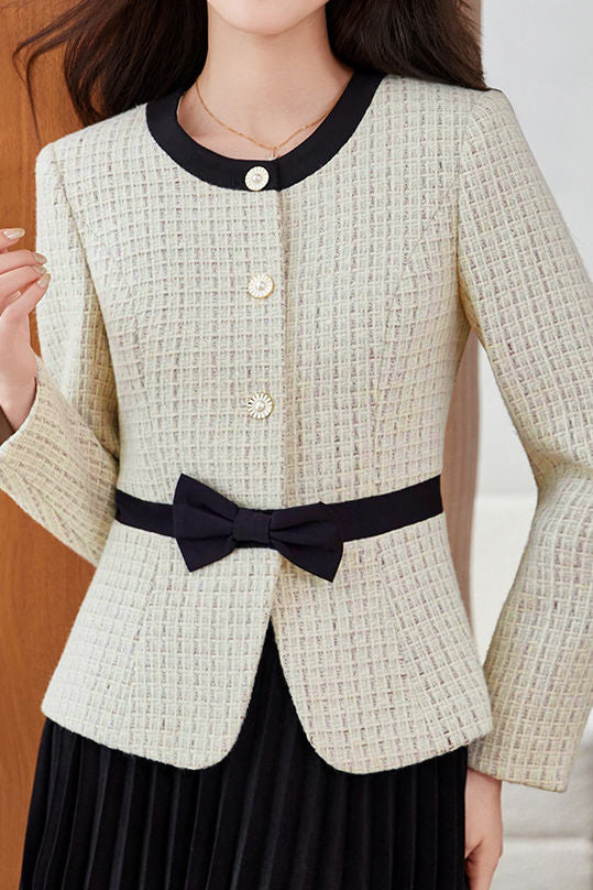 Elegant Commuter Crew Neck Bow Long‑Sleeve Coat