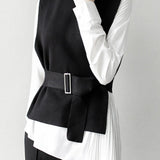Stylish Knit Vest & White Shirt Layered Two-Piece Set