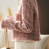 Chanel-Inspired Round Neck Fringe Tweed Jacket with Lining