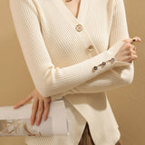 Elegant Asymmetrical V-Neck Long-Sleeve Knit Top