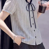 Sophisticated Commuter Vertical Striped Shirt With Contrast Ruffled Trim And Self-Tie Sash