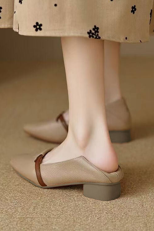 Casual Block Heel Soft Leather Pointed Toe Low Heel Shoes - liwisi