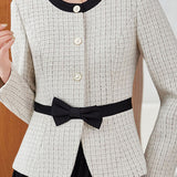 Elegant Commuter Crew Neck Bow Long‑Sleeve Coat