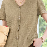 Delicate Textured Crinkle V-neck Short Sleeve Blouse