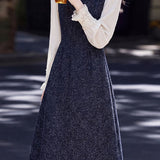 Exquisite Elegant Fake Two-Piece Crew Neck Lace Trim Long-Sleeve Dress