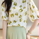 Exquisite Elegant Five-Quarter Sleeve Heart Print Chiffon Blouse